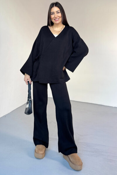 TKM-7206 Siyah Çelik Örme Oversize Hırka & Yüksek Bel Pantolon İkili Triko Takım - 3