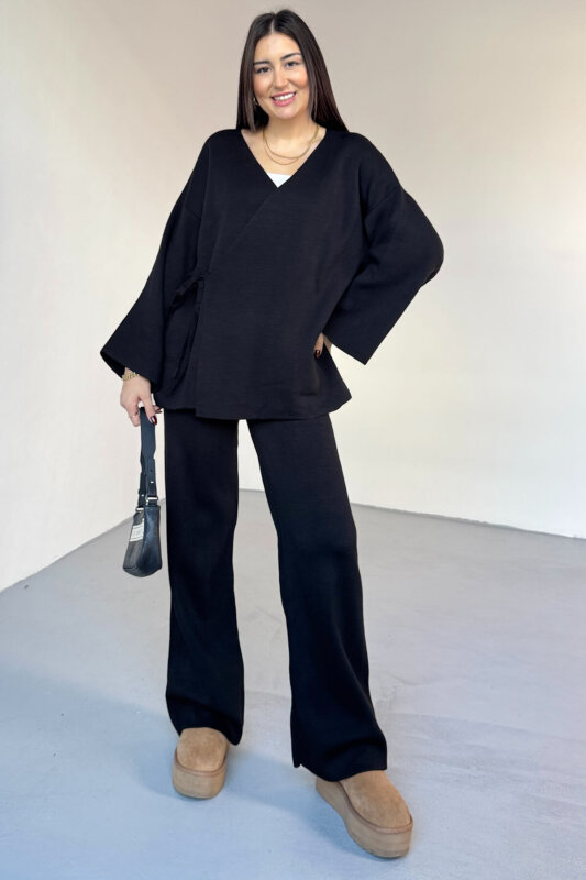 TKM-7206 Siyah Çelik Örme Oversize Hırka & Yüksek Bel Pantolon İkili Triko Takım - 3