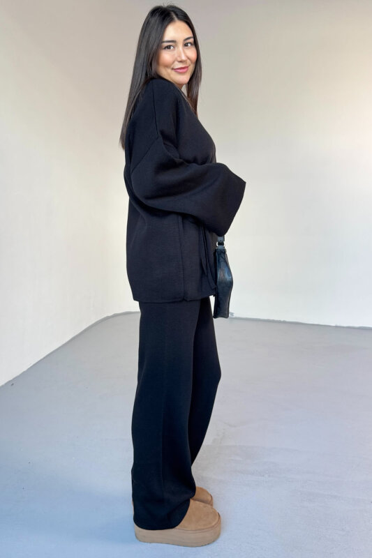 TKM-7206 Siyah Çelik Örme Oversize Hırka & Yüksek Bel Pantolon İkili Triko Takım - 4