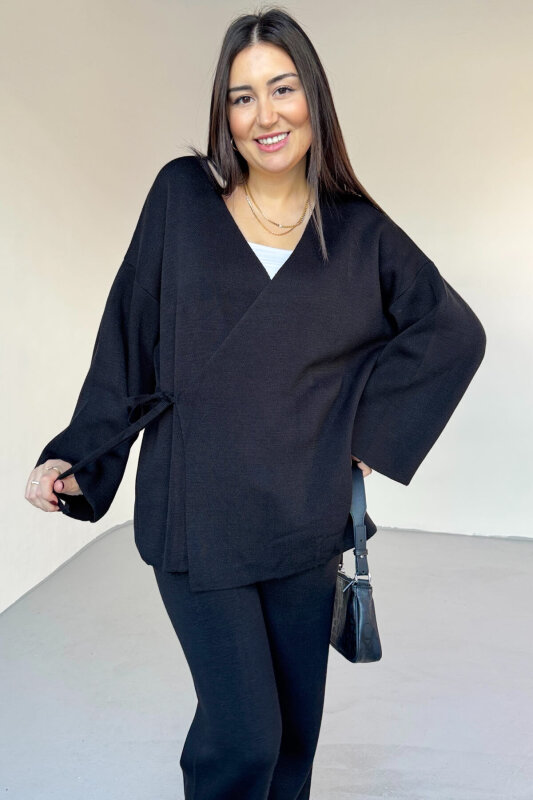 TKM-7206 Siyah Çelik Örme Oversize Hırka & Yüksek Bel Pantolon İkili Triko Takım - 2