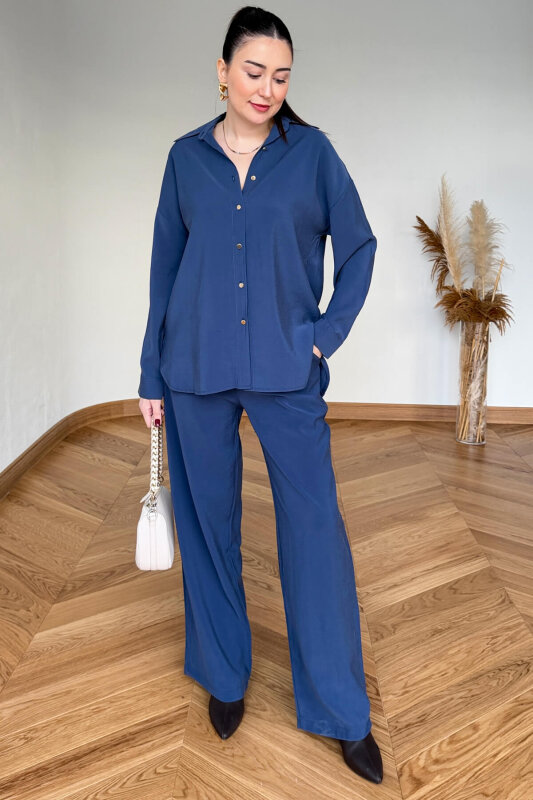 TKM-7254 Mavi Gold Düğmeli Oversize Modal İkili Takım - 1