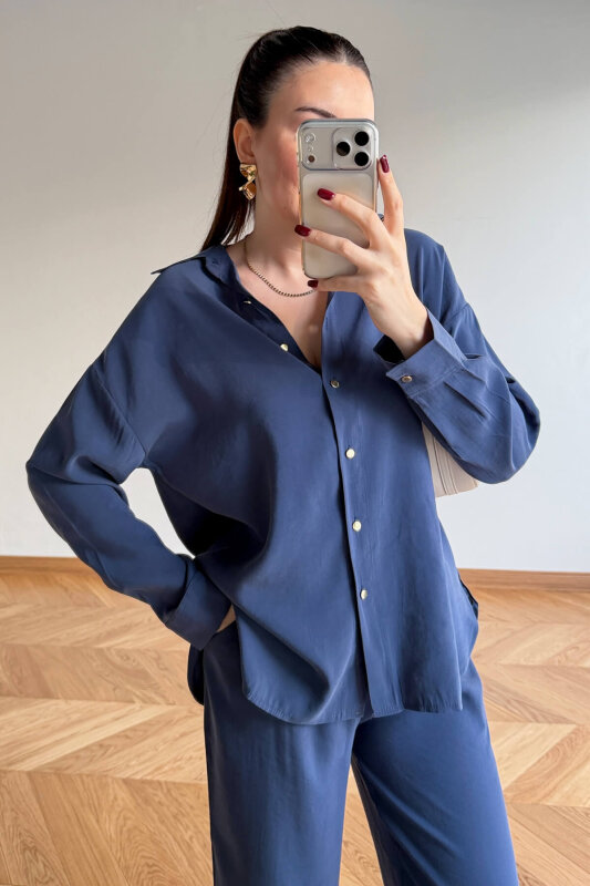 TKM-7254 Mavi Gold Düğmeli Oversize Modal İkili Takım - 6