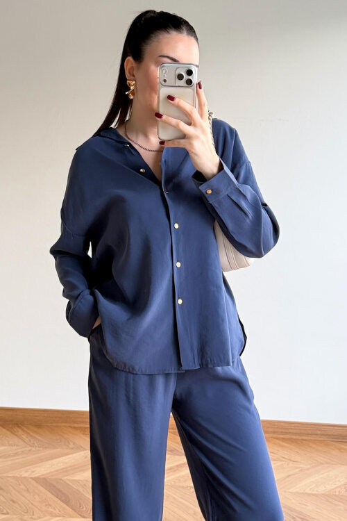 TKM-7254 Mavi Gold Düğmeli Oversize Modal İkili Takım - 3