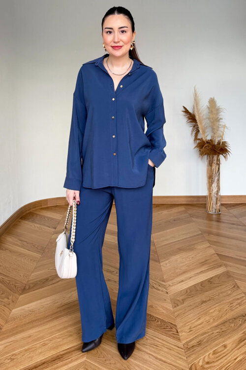 TKM-7254 Mavi Gold Düğmeli Oversize Modal İkili Takım - 4