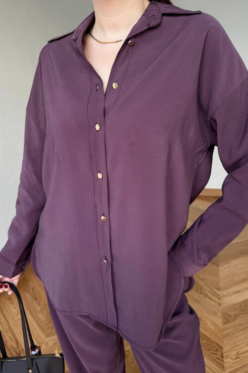 TKM-7254 Mürdüm Gold Düğmeli Oversize Modal İkili Takım - 5