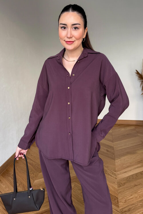 TKM-7254 Mürdüm Gold Düğmeli Oversize Modal İkili Takım - 2