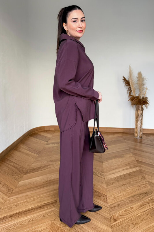 TKM-7254 Mürdüm Gold Düğmeli Oversize Modal İkili Takım - 3