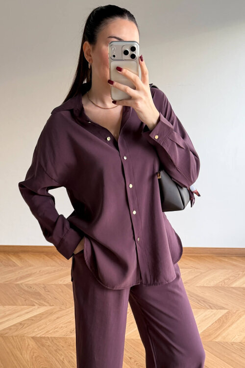 TKM-7254 Mürdüm Gold Düğmeli Oversize Modal İkili Takım - 4