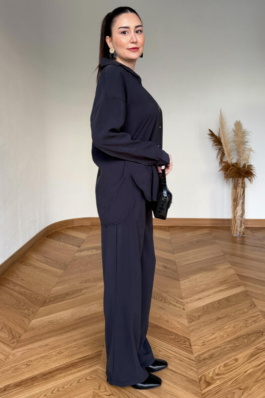TKM-7254 Siyah Gold Düğmeli Oversize Modal İkili Takım - 3