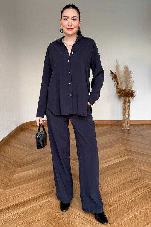 TKM-7254 Siyah Gold Düğmeli Oversize Modal İkili Takım - 4