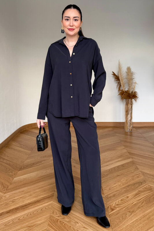 TKM-7254 Siyah Gold Düğmeli Oversize Modal İkili Takım - 4