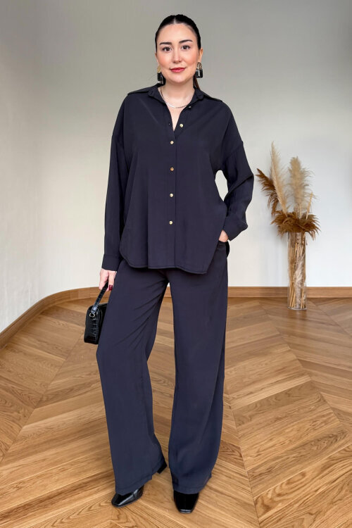 TKM-7254 Siyah Gold Düğmeli Oversize Modal İkili Takım 