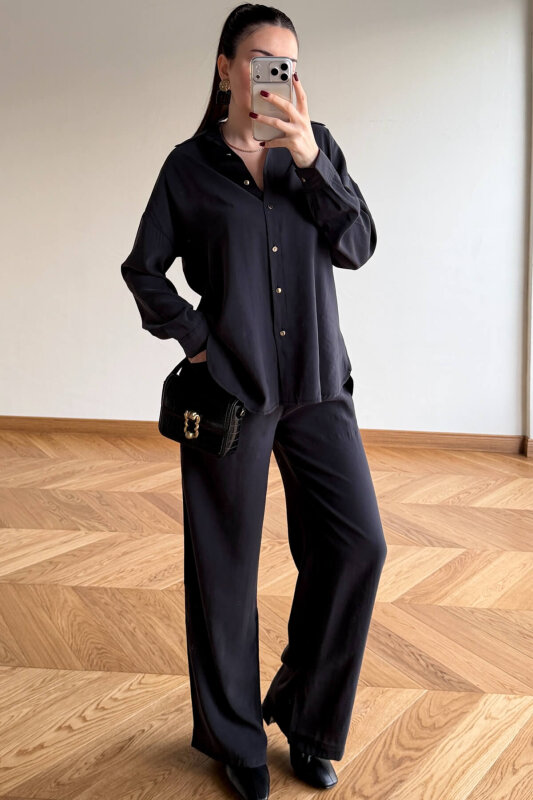 TKM-7254 Siyah Gold Düğmeli Oversize Modal İkili Takım - 5
