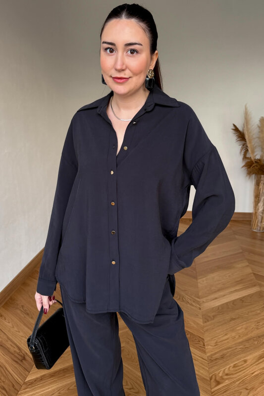 TKM-7254 Siyah Gold Düğmeli Oversize Modal İkili Takım - 2