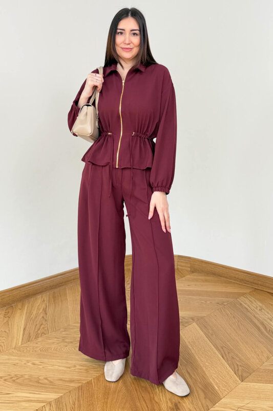 TKM-7474 Bordo Fermuar Detaylı Bel Büzgülü Poliviskon İkili Takım - 1