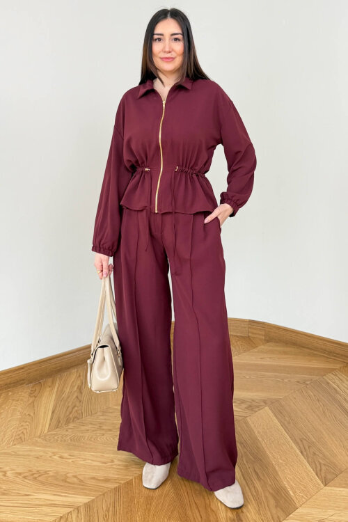 TKM-7474 Bordo Fermuar Detaylı Bel Büzgülü Poliviskon İkili Takım - 3