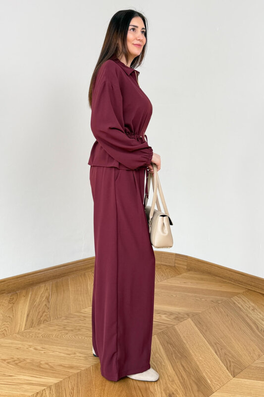 TKM-7474 Bordo Fermuar Detaylı Bel Büzgülü Poliviskon İkili Takım - 4