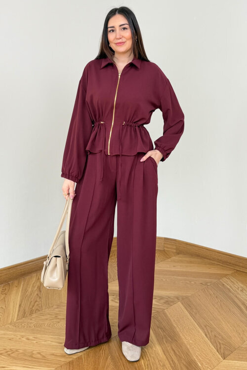 TKM-7474 Bordo Fermuar Detaylı Bel Büzgülü Poliviskon İkili Takım - 5