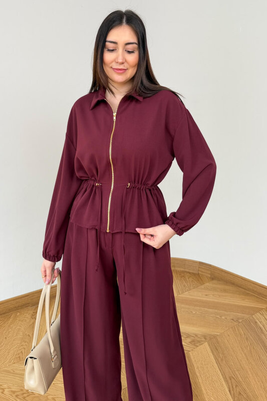 TKM-7474 Bordo Fermuar Detaylı Bel Büzgülü Poliviskon İkili Takım - 2