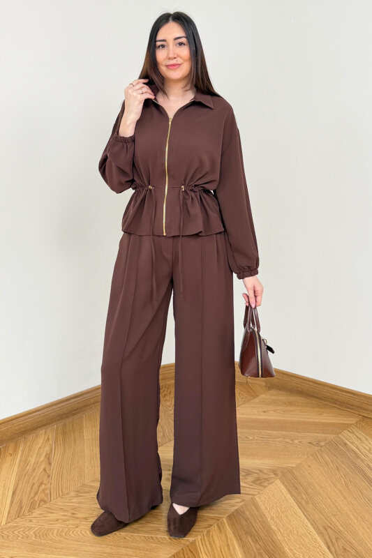 TKM-7474 Kahverengi Fermuar Detaylı Bel Büzgülü Poliviskon İkili Takım - 4