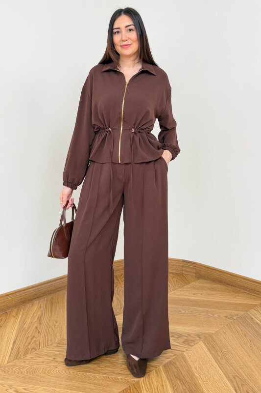 TKM-7474 Kahverengi Fermuar Detaylı Bel Büzgülü Poliviskon İkili Takım - 1