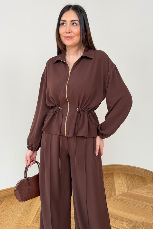 TKM-7474 Kahverengi Fermuar Detaylı Bel Büzgülü Poliviskon İkili Takım - 5