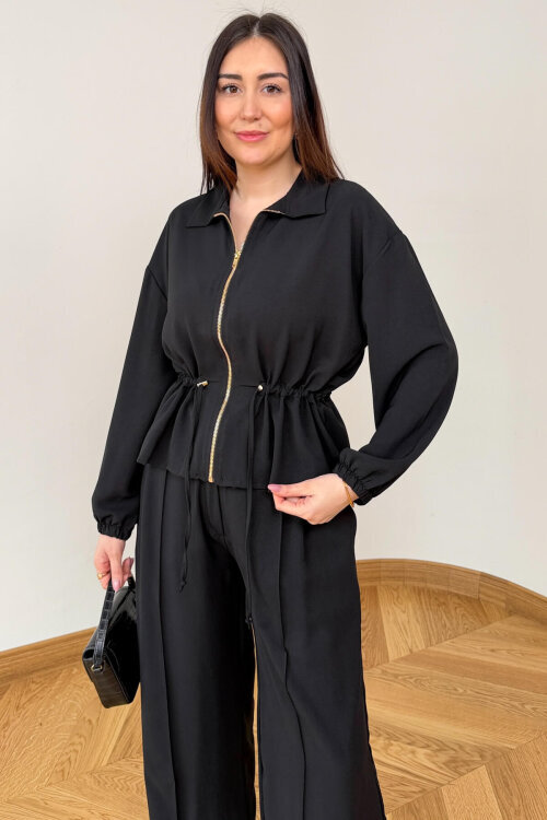 TKM-7474 Siyah Fermuar Detaylı Bel Büzgülü Poliviskon İkili Takım - 2