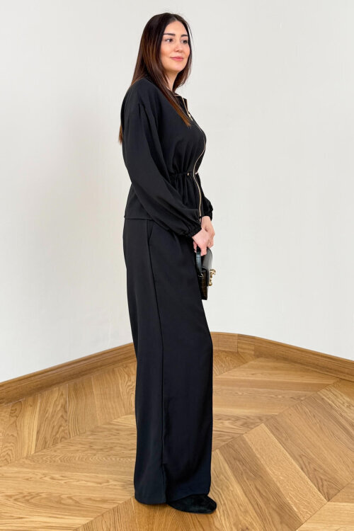 TKM-7474 Siyah Fermuar Detaylı Bel Büzgülü Poliviskon İkili Takım - 3