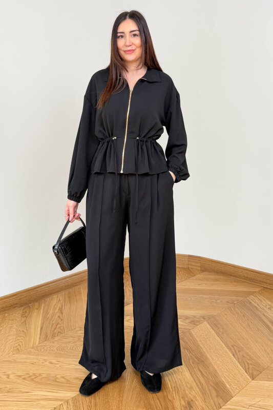 TKM-7474 Siyah Fermuar Detaylı Bel Büzgülü Poliviskon İkili Takım - 4