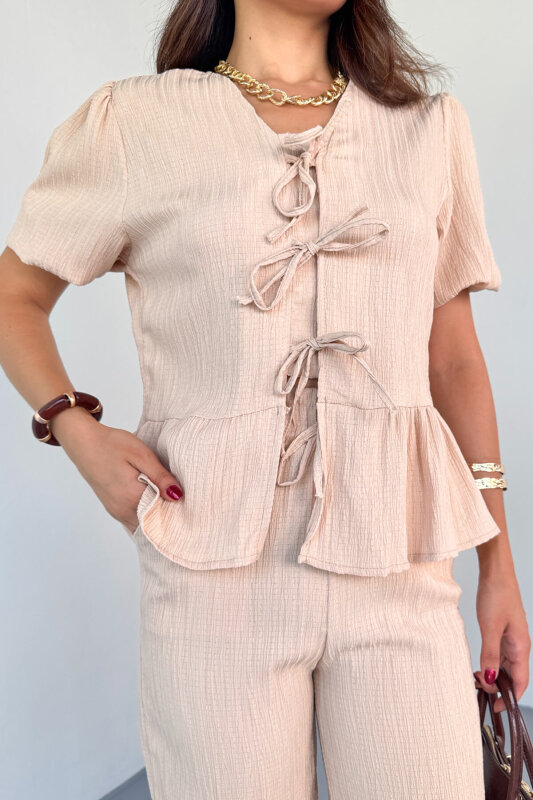 TKM-8015 Bej Lastik Kollu Bağlamalı Bluz & Rahat Kesim Pantolon Takım - 3