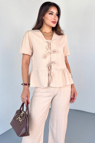 TKM-8015 Bej Lastik Kollu Bağlamalı Bluz & Rahat Kesim Pantolon Takım - 2