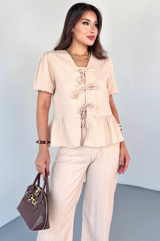 TKM-8015 Bej Lastik Kollu Bağlamalı Bluz & Rahat Kesim Pantolon Takım - 2