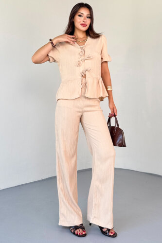 TKM-8015 Bej Lastik Kollu Bağlamalı Bluz & Rahat Kesim Pantolon Takım - 5
