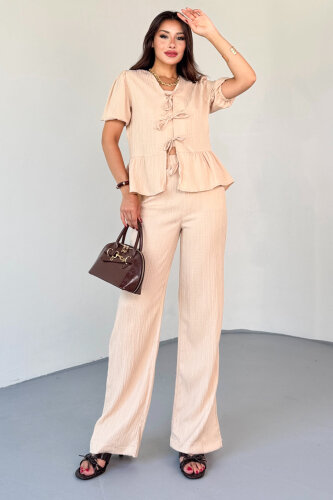 TKM-8015 Bej Lastik Kollu Bağlamalı Bluz & Rahat Kesim Pantolon Takım - 6