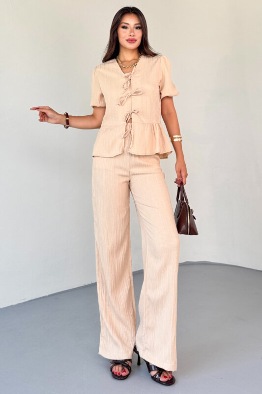 TKM-8015 Bej Lastik Kollu Bağlamalı Bluz & Rahat Kesim Pantolon Takım - 7