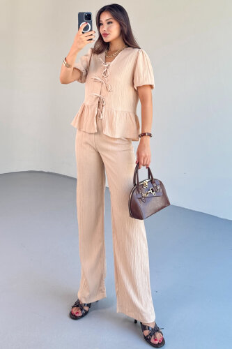 TKM-8015 Bej Lastik Kollu Bağlamalı Bluz & Rahat Kesim Pantolon Takım - 8