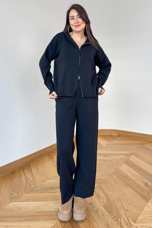 TKM-902 Siyah Çelik Örgü Çift Fermuarlı Kapüşonlu İkili Takım - 1