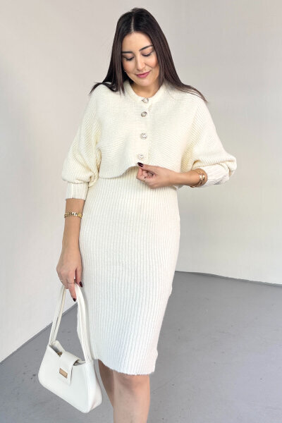 TKM-9049 Ekru Yumoş Dokulu Düğmeli Hırkal & Elbise İkili Triko Takım - 4