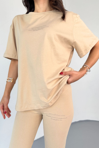 TKM0040 Kum Beji Meaningless Kabartma Yazı Baskılı Tshirt İspanyol Paça Pantolon Supreme Kumaş İkili Takım - 7