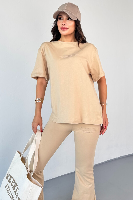 TKM0040 Kum Beji Meaningless Kabartma Yazı Baskılı Tshirt İspanyol Paça Pantolon Supreme Kumaş İkili Takım - 9