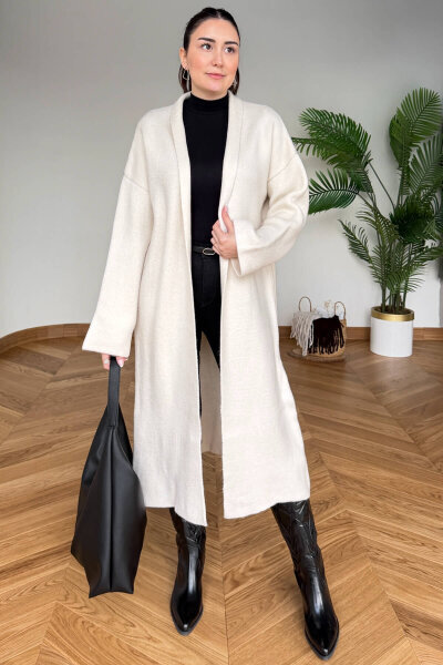 TRK-2000 Krem Kalın Dokulu Uzun Triko Hırka