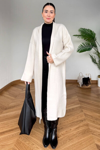 TRK-2000 Krem Kalın Dokulu Uzun Triko Hırka (1)