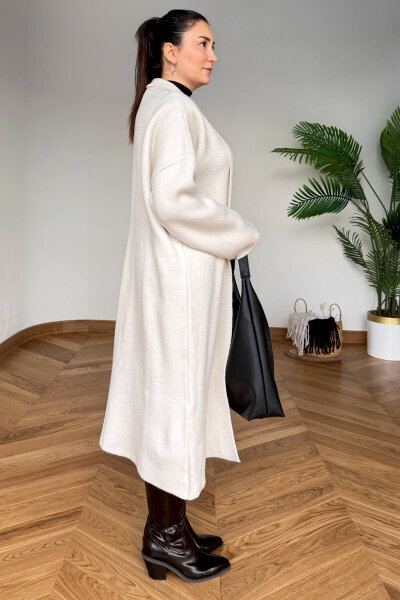 TRK-2000 Krem Kalın Dokulu Uzun Triko Hırka - 3