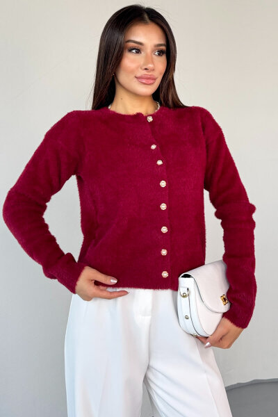 TRK-2018 Bordo İnci Düğmeli Kürklü Hırka  - 2