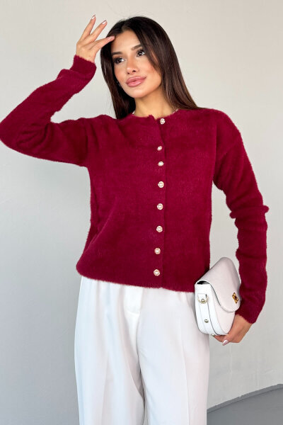 TRK-2018 Bordo İnci Düğmeli Kürklü Hırka  - 3