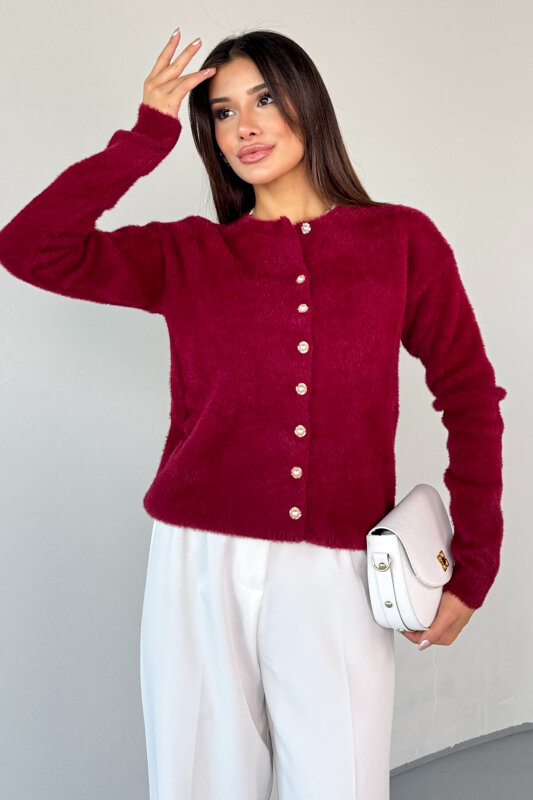 TRK-2018 Bordo İnci Düğmeli Kürklü Hırka  - 3