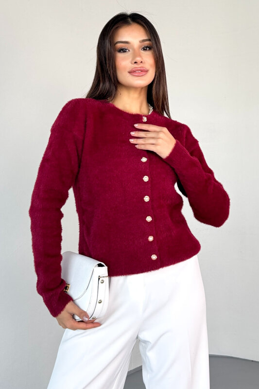 TRK-2018 Bordo İnci Düğmeli Kürklü Hırka  - 4