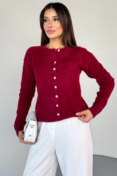 TRK-2018 Bordo İnci Düğmeli Kürklü Hırka  - 1