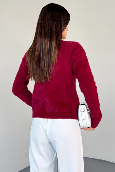 TRK-2018 Bordo İnci Düğmeli Kürklü Hırka  - 5