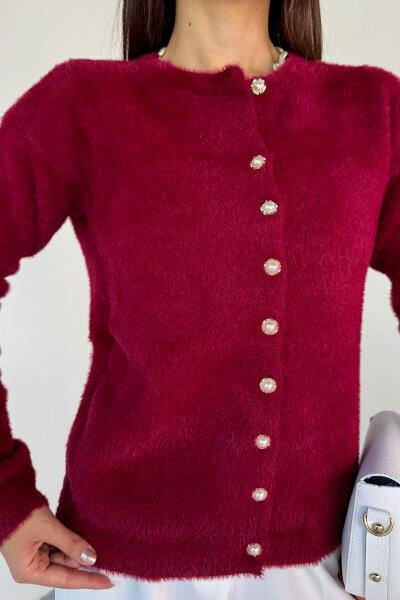 TRK-2018 Bordo İnci Düğmeli Kürklü Hırka  - 6